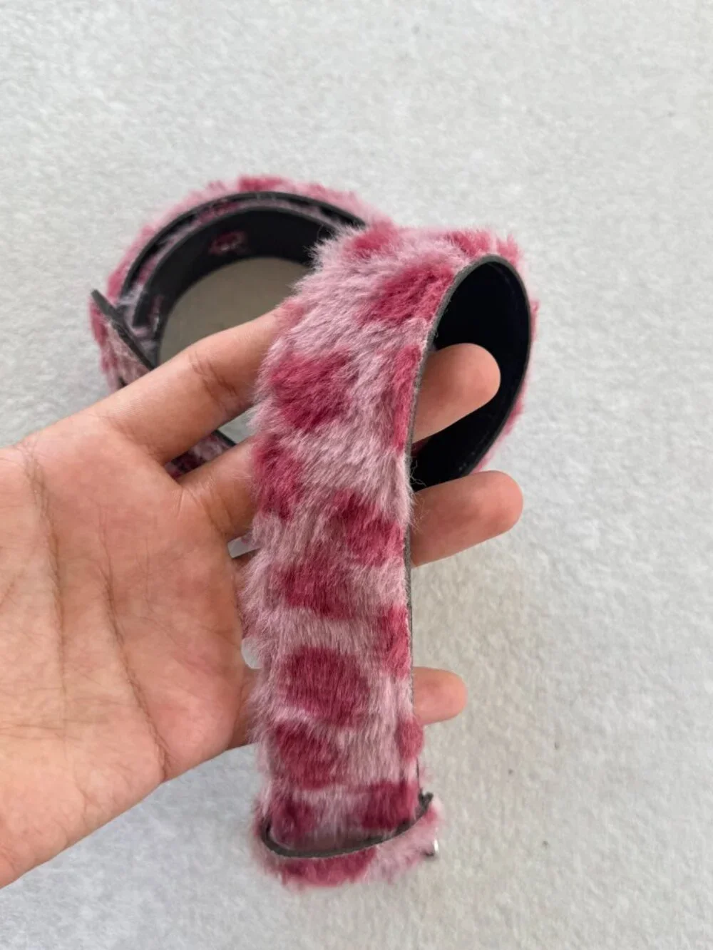 Pink Leopard Print Plush Faux Fur Belt